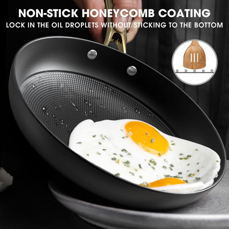 imarku Non Stick Frying Pans, Professional Cast Iron Skillets 2 Pcs - 8 Inch & 10 Inch Frying Pans Nonstick, Honeycomb Long Lasting Frying Pan Set Gold Handle Oven Safe Pan, New Home Essentials - Image 4