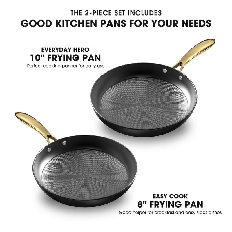 imarku Non Stick Frying Pans, Professional Cast Iron Skillets 2 Pcs - 8 Inch & 10 Inch Frying Pans Nonstick, Honeycomb Long Lasting Frying Pan Set Gold Handle Oven Safe Pan, New Home Essentials - Image 2