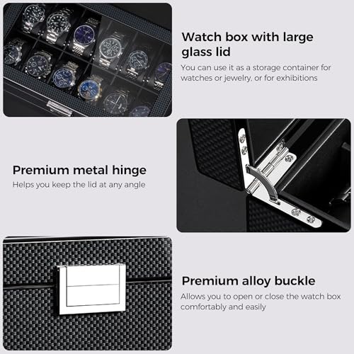 BEWISHOME High-End Watch Case, 12-Slot Wooden Watch Box with Valet Drawer, 2-Layer Watch Organizer Watch Display Case for Jewelry, Watch Storage Holder for Men Women Black SSH02A - Image 5
