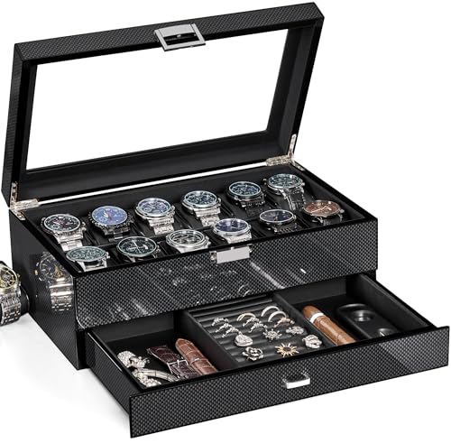 BEWISHOME High-End Watch Case, 12-Slot Wooden Watch Box with Valet Drawer, 2-Layer Watch Organizer Watch Display Case for Jewelry, Watch Storage Holder for Men Women Black SSH02A - Image 1