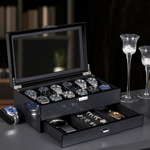 BEWISHOME High-End Watch Case, 12-Slot Wooden Watch Box with Valet Drawer, 2-Layer Watch Organizer Watch Display Case for Jewelry, Watch Storage Holder for Men Women Black SSH02A - Image 3
