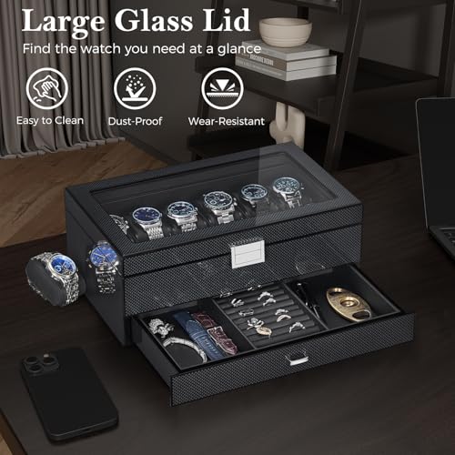 BEWISHOME High-End Watch Case, 12-Slot Wooden Watch Box with Valet Drawer, 2-Layer Watch Organizer Watch Display Case for Jewelry, Watch Storage Holder for Men Women Black SSH02A - Image 2