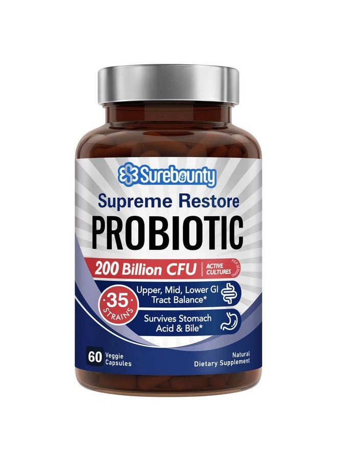 Surebounty - Probiotic For Men & Women 200 Billion Cfu Prebiotics + Digestive Enzymes Supreme Restore Upper Mid Lower Gi Tract Balance 60 Veggie Capsules 1 Month - Image 1