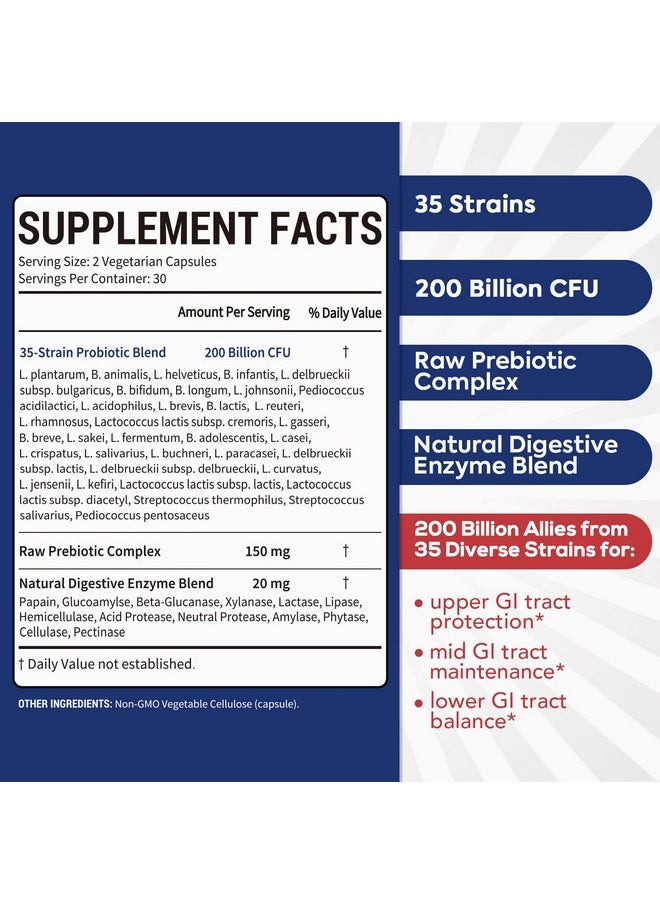 Surebounty - Probiotic For Men & Women 200 Billion Cfu Prebiotics + Digestive Enzymes Supreme Restore Upper Mid Lower Gi Tract Balance 60 Veggie Capsules 1 Month - Image 1