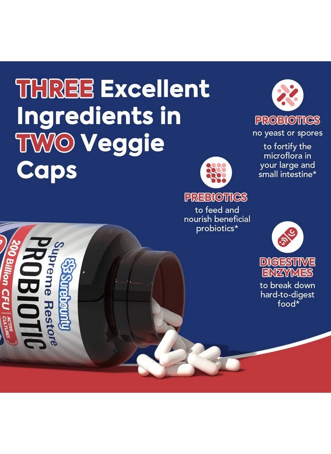 Surebounty - Probiotic For Men & Women 200 Billion Cfu Prebiotics + Digestive Enzymes Supreme Restore Upper Mid Lower Gi Tract Balance 60 Veggie Capsules 1 Month - Image 1