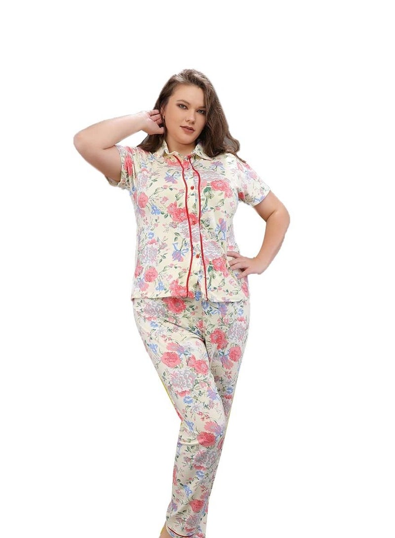 Ganna Women's short sleeved pyjamas with buttons and summer long pants made of cotton large sizes 
