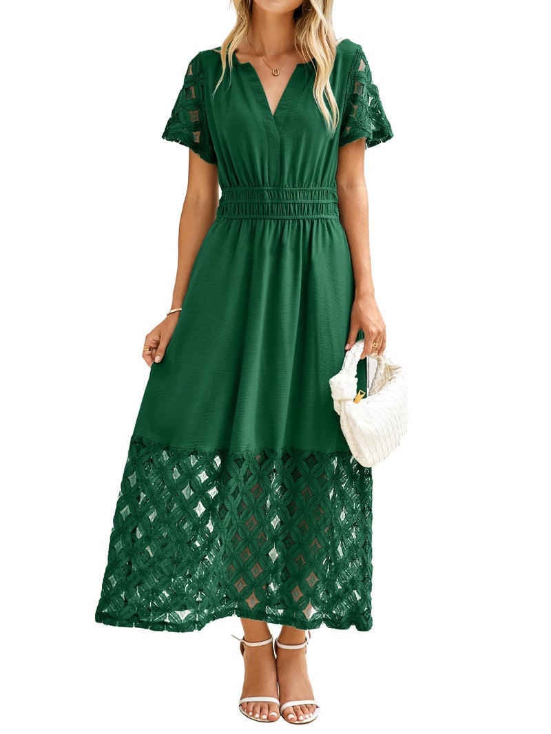 Simplee Apparel Simplee Womens Semi Formal Wedding Guest Dress - Flowy Short Sleeve Modest V Neck Boho Lace Fall Maxi Dresses (Emerald Green XL) - Image 1