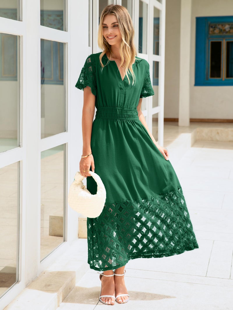 Simplee Apparel Simplee Womens Semi Formal Wedding Guest Dress - Flowy Short Sleeve Modest V Neck Boho Lace Fall Maxi Dresses (Emerald Green XL) - Image 2