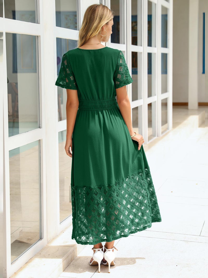 Simplee Apparel Simplee Womens Semi Formal Wedding Guest Dress - Flowy Short Sleeve Modest V Neck Boho Lace Fall Maxi Dresses (Emerald Green XL) - Image 4