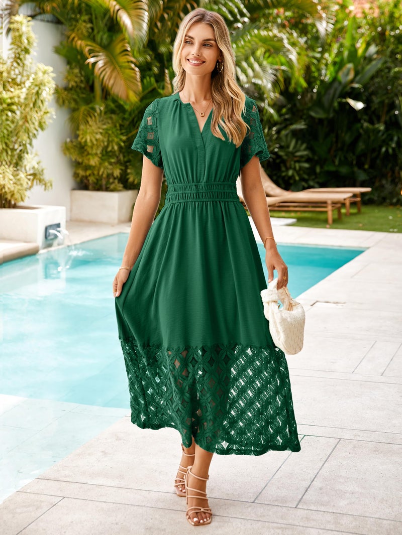 Simplee Apparel Simplee Womens Semi Formal Wedding Guest Dress - Flowy Short Sleeve Modest V Neck Boho Lace Fall Maxi Dresses (Emerald Green XL) - Image 5