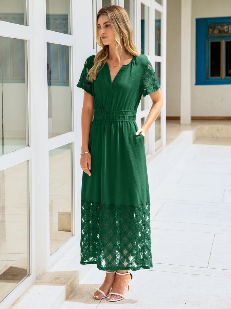 Simplee Apparel Simplee Womens Semi Formal Wedding Guest Dress - Flowy Short Sleeve Modest V Neck Boho Lace Fall Maxi Dresses (Emerald Green XL) - Image 3