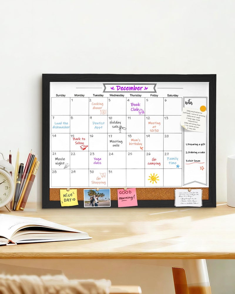 TORASO Dry Erase Calendar Whiteboard for Wall, Magnetic 13" x 17" Combination Dry Erase Board & Bulletin Board, 2in1 White Board Cork Board Combo(Black) - Image 5