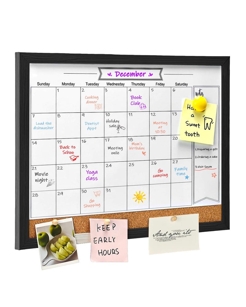 TORASO Dry Erase Calendar Whiteboard for Wall, Magnetic 13" x 17" Combination Dry Erase Board & Bulletin Board, 2in1 White Board Cork Board Combo(Black) - Image 1