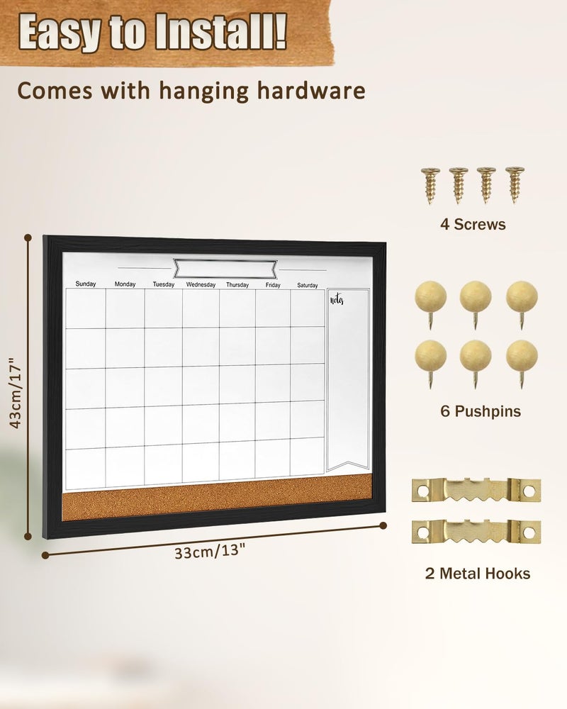 TORASO Dry Erase Calendar Whiteboard for Wall, Magnetic 13" x 17" Combination Dry Erase Board & Bulletin Board, 2in1 White Board Cork Board Combo(Black) - Image 2