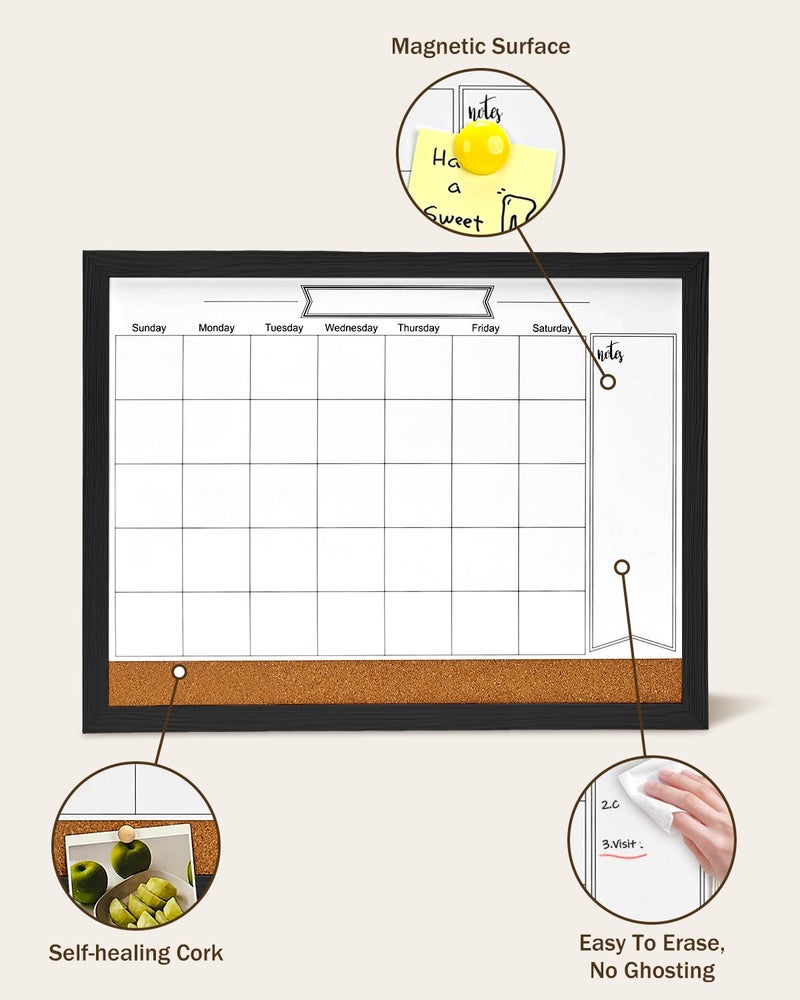 TORASO Dry Erase Calendar Whiteboard for Wall, Magnetic 13" x 17" Combination Dry Erase Board & Bulletin Board, 2in1 White Board Cork Board Combo(Black) - Image 3