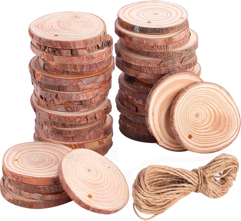 Tmflexe 30 Pcs Unfinished Predrilled with Hole Paintable Blank Natural Wood Slices2.4-2.8 Inches Christmas Festival Decoration Ornaments,DIY Crafts - Image 1