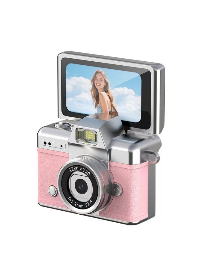 Flip-top camera, portable keychain camera, with built-in flash, suitable for travel and daily use, can also be given as a gift to others (pink)