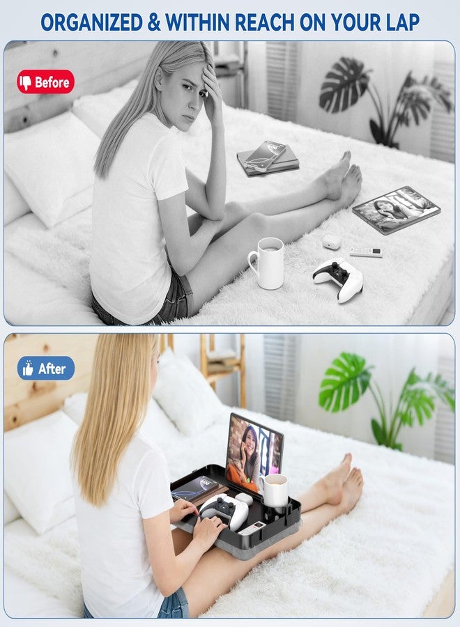 CLESOO Lap Tray with Cushion Plastic Lap Desk with Cushion 15.5”Large Breakfast in Bed Tray with Removable Cushion & Cup/Phone Holder, Lap Table with Laptop Pocket for Couch TV Adults Eating Gaming Black - Image 4