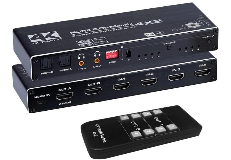 ENBUER HDMI Matrix 4x2, 4K@60Hz HDMI Matrix Switch 4 in 2 Out with EDID Extractor and IR Remote Control, Support HDMI 2.0b, HDCP2.2, HDR10, Ultra HD, 3D - Image 1