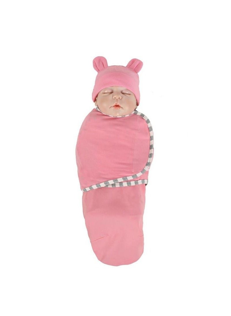 Newborn Baby Anti-startle Wrap Towel Baby Wrap Blanket Cotton Baby Fetal Cap + Sleeping Bag 0-3 Months Rabbit Ear Cap Pink - Image 1