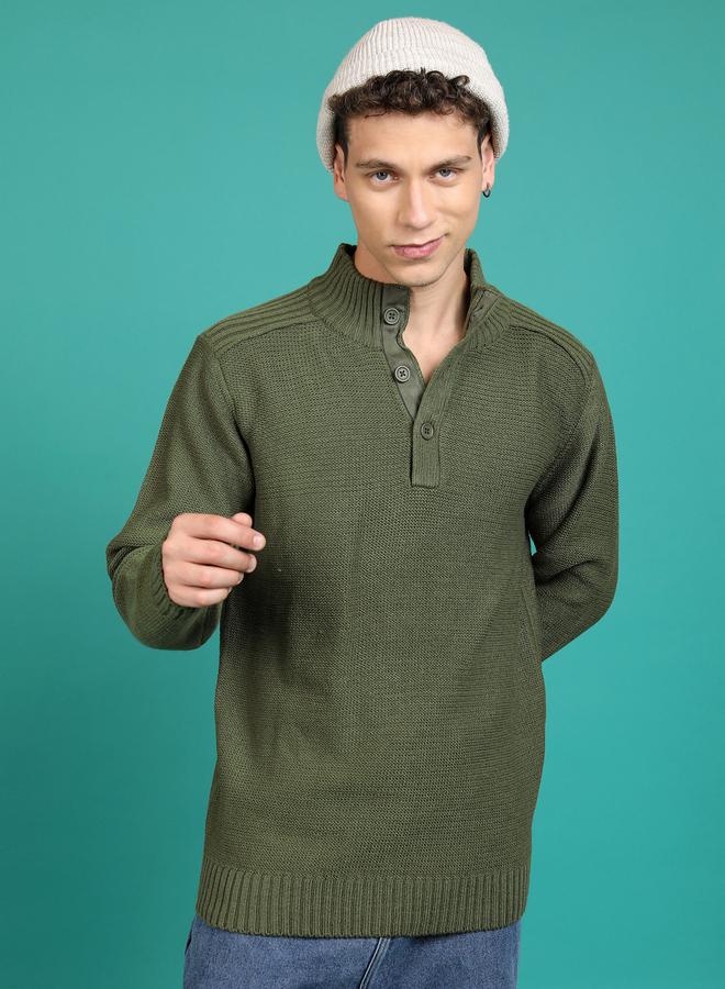 HIGHLANDER High Neck Knit Sweater with Button Placket - Image 1