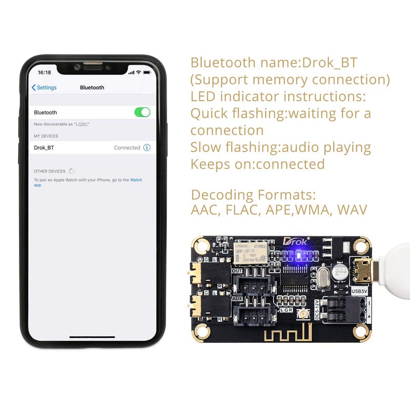 DROK Blue~Tooth Board, 12V Audio Receiver Blue~Tooth Module DC 5V-12V Portable Wire~Less Electronics Stereo Music Receive Circuit Chip with Micro USB Port for Headphone Speaker Home Sound System DIY - Image 4