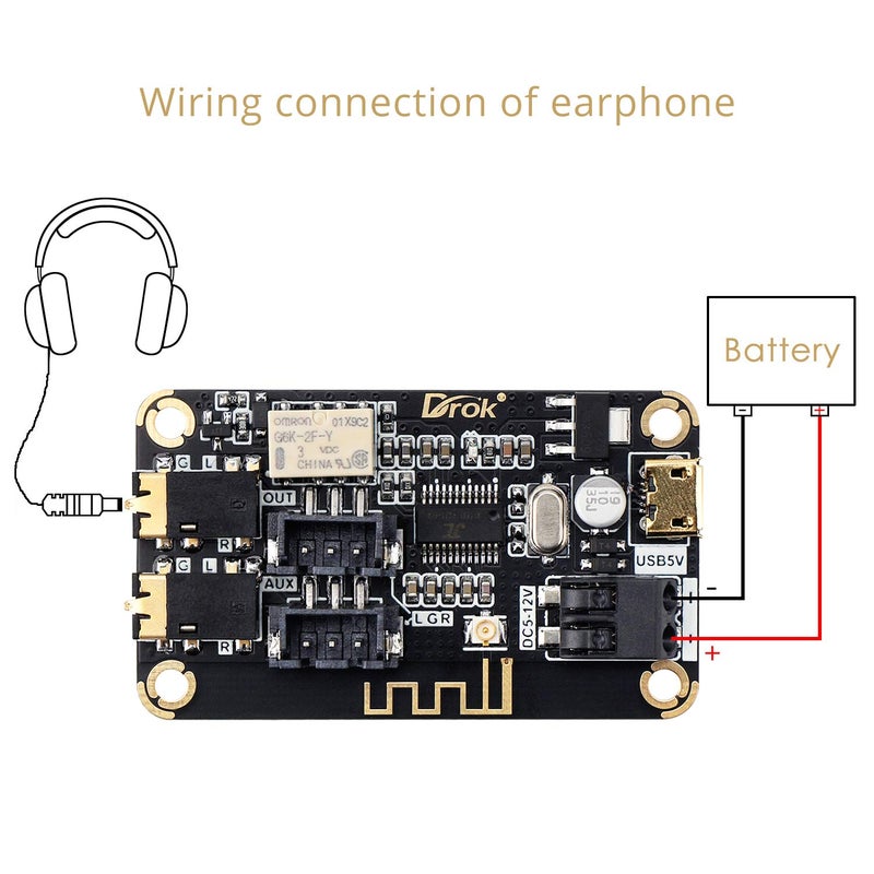 DROK Blue~Tooth Board, 12V Audio Receiver Blue~Tooth Module DC 5V-12V Portable Wire~Less Electronics Stereo Music Receive Circuit Chip with Micro USB Port for Headphone Speaker Home Sound System DIY - Image 5