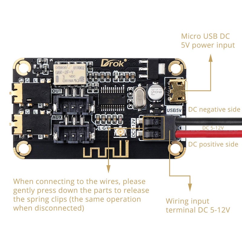 DROK Blue~Tooth Board, 12V Audio Receiver Blue~Tooth Module DC 5V-12V Portable Wire~Less Electronics Stereo Music Receive Circuit Chip with Micro USB Port for Headphone Speaker Home Sound System DIY - Image 3