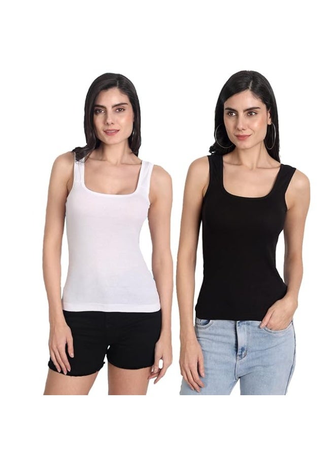 Aimly Women's Cotton Sleeveless White & Black Camisole Slip Spaghetti Pack of 2 in White and Black Colors - Image 1