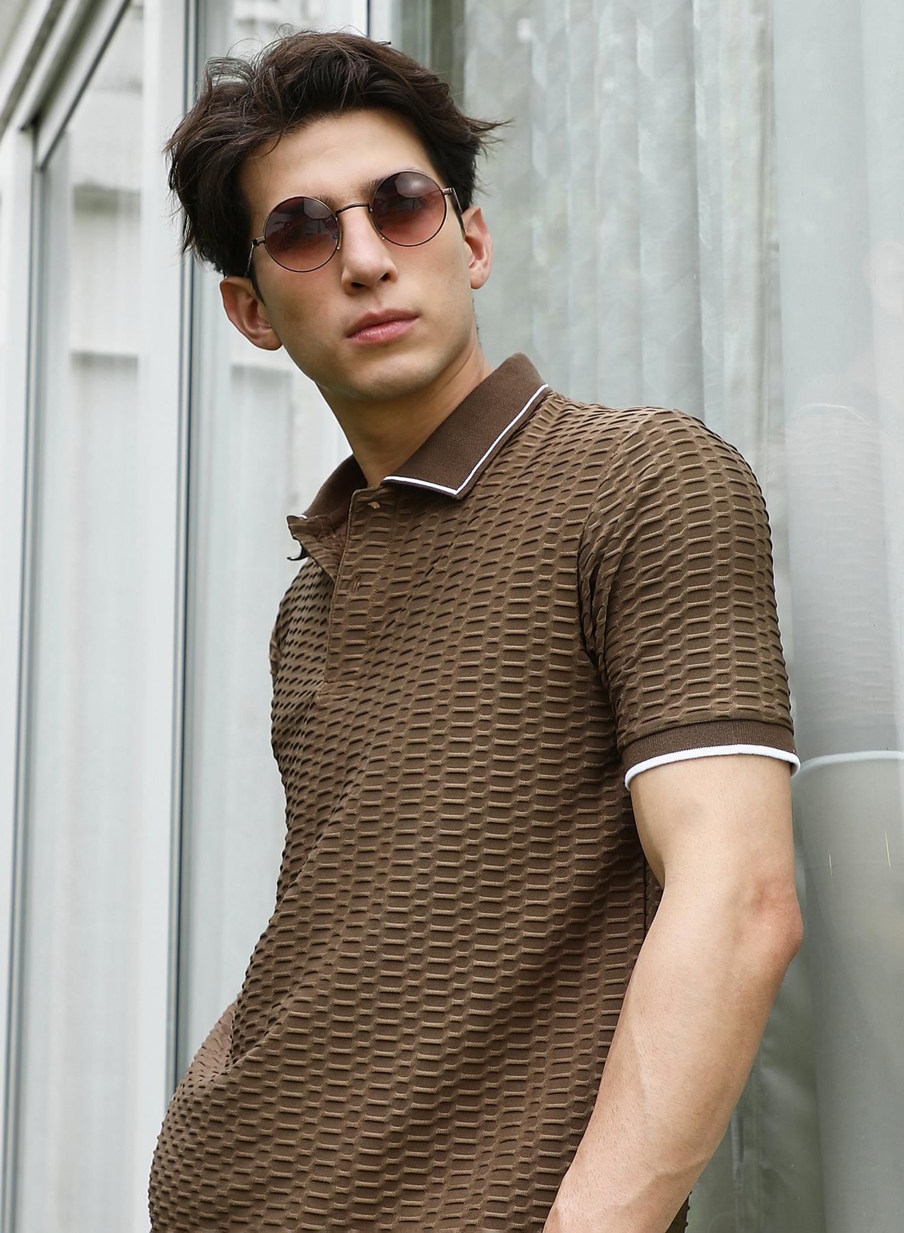 Men's Brown Textured Polo T-shirt with Contrasting Accents
