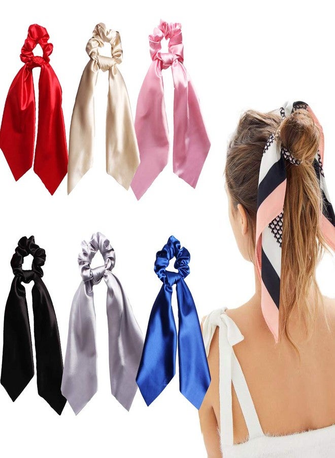 DINPREY 6Pcs Ribbon Scrunchie For Woman,Solid Colors Elastic Hair Bands Hair Scarf,Bow Hair Tie,Vintage Hair Accessories Ropes Ponytail Holder Scrunchy Ties for Women Girls (6 Colors Pack A) - Image 1