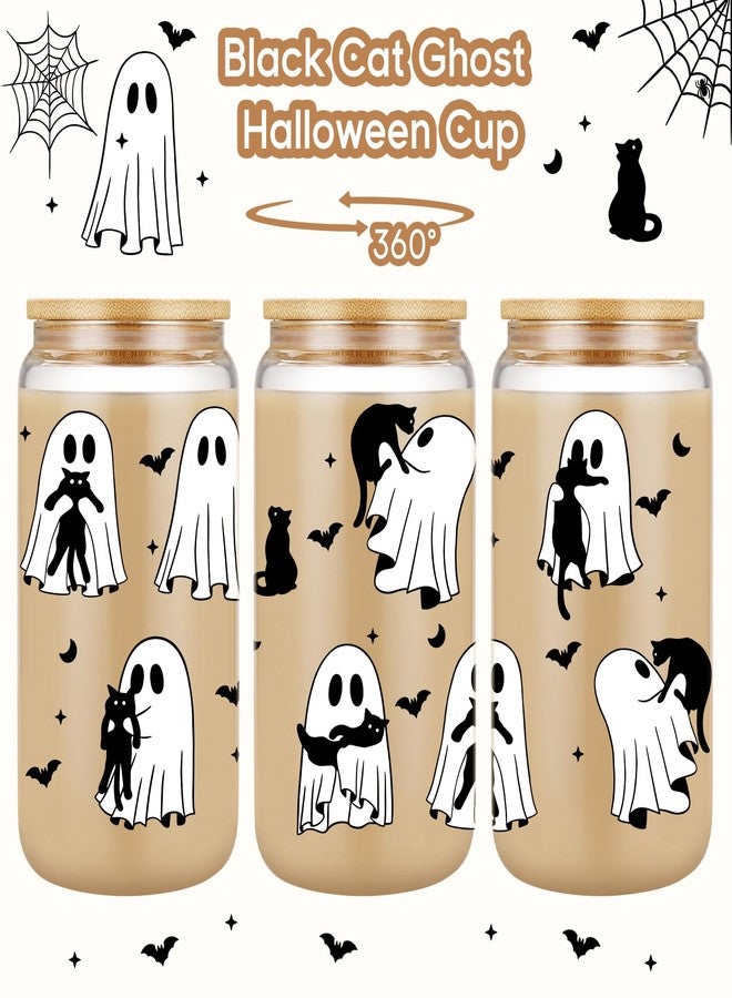 Coolife Halloween Ghost Black Cat Iced Coffee Cup, 16 oz Spooky Glass Tumbler w/Lid Straw, Boo Basket Stuffers, Cute Goth Birthday Black Cat Gifts for Women, Men, Adults, Teen Girl, Cat Lover Friend - Image 3