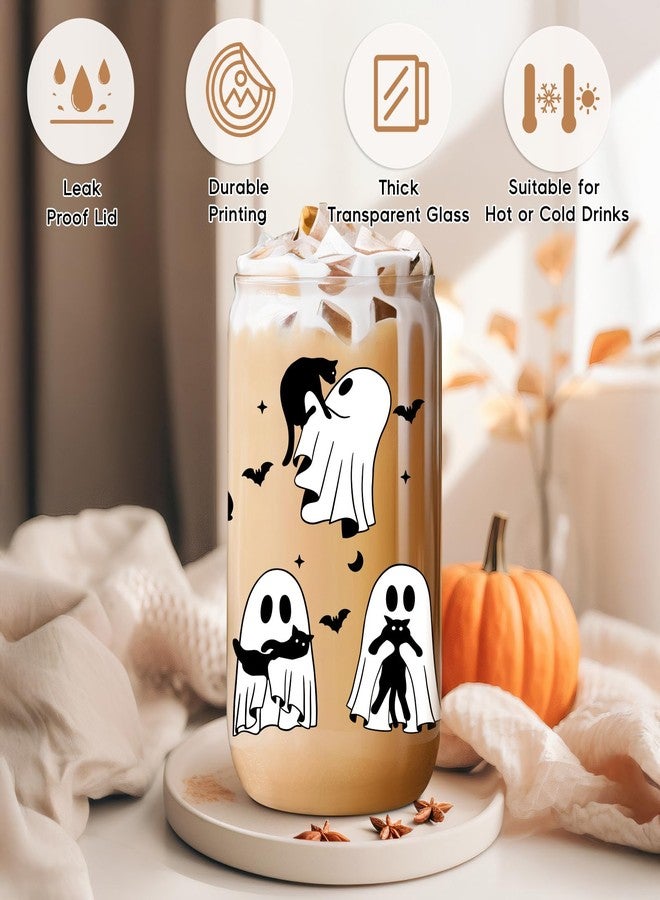 Coolife Halloween Ghost Black Cat Iced Coffee Cup, 16 oz Spooky Glass Tumbler w/Lid Straw, Boo Basket Stuffers, Cute Goth Birthday Black Cat Gifts for Women, Men, Adults, Teen Girl, Cat Lover Friend - Image 2