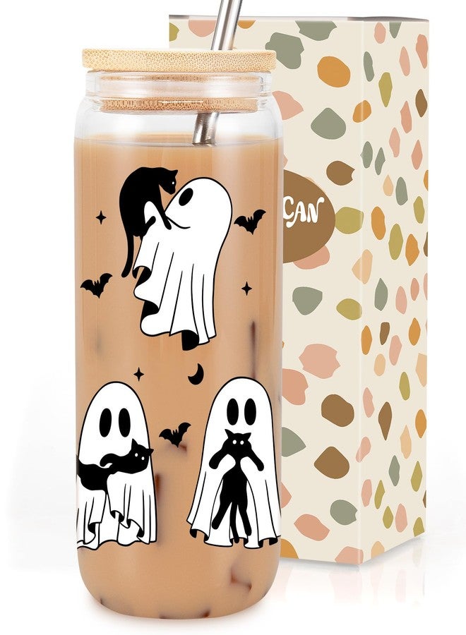 Coolife Halloween Ghost Black Cat Iced Coffee Cup, 16 oz Spooky Glass Tumbler w/Lid Straw, Boo Basket Stuffers, Cute Goth Birthday Black Cat Gifts for Women, Men, Adults, Teen Girl, Cat Lover Friend - Image 1