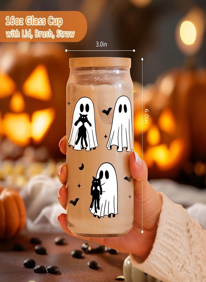 Coolife Halloween Ghost Black Cat Iced Coffee Cup, 16 oz Spooky Glass Tumbler w/Lid Straw, Boo Basket Stuffers, Cute Goth Birthday Black Cat Gifts for Women, Men, Adults, Teen Girl, Cat Lover Friend - Image 5