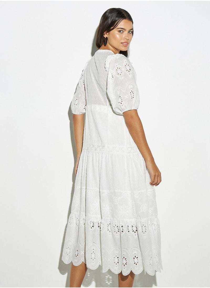 2Xtremz - 2Xtremz Schiffli Textured Tiered Midi Dress with Ruffles and Short Sleeves - Image 1