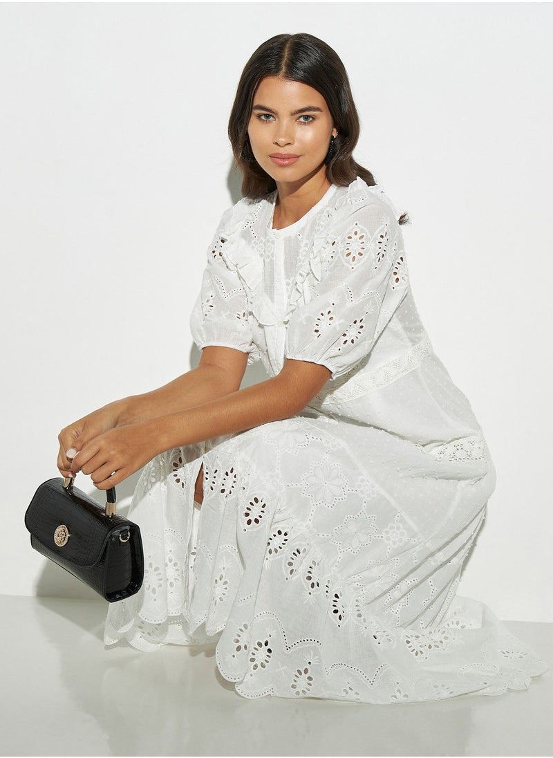 2Xtremz - 2Xtremz Schiffli Textured Tiered Midi Dress with Ruffles and Short Sleeves - Image 1