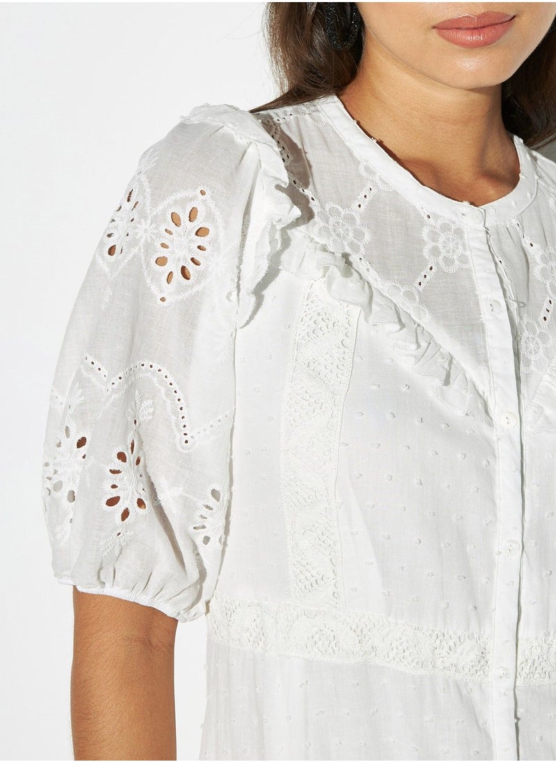 2Xtremz - 2Xtremz Schiffli Textured Tiered Midi Dress with Ruffles and Short Sleeves - Image 1