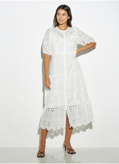 2Xtremz Schiffli Textured Tiered Midi Dress with Ruffles and Short Sleeves