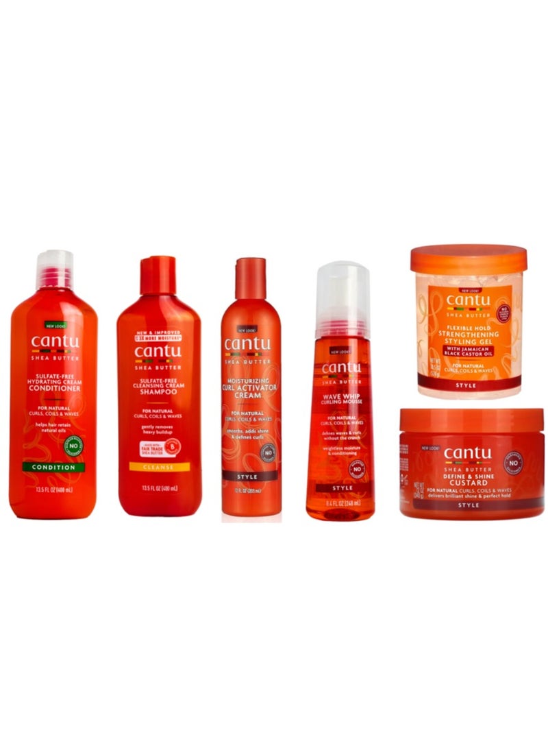 CANTO Moisturizing Curl Activator Cream + Shea Butter Cleansing Cream Shampoo + Shea Butter Hydrating Cream Conditioner + Wave Whip Curling Mousse + Naturals Define And Shine Custard + Maximum Hold Styling Gel - Image 1