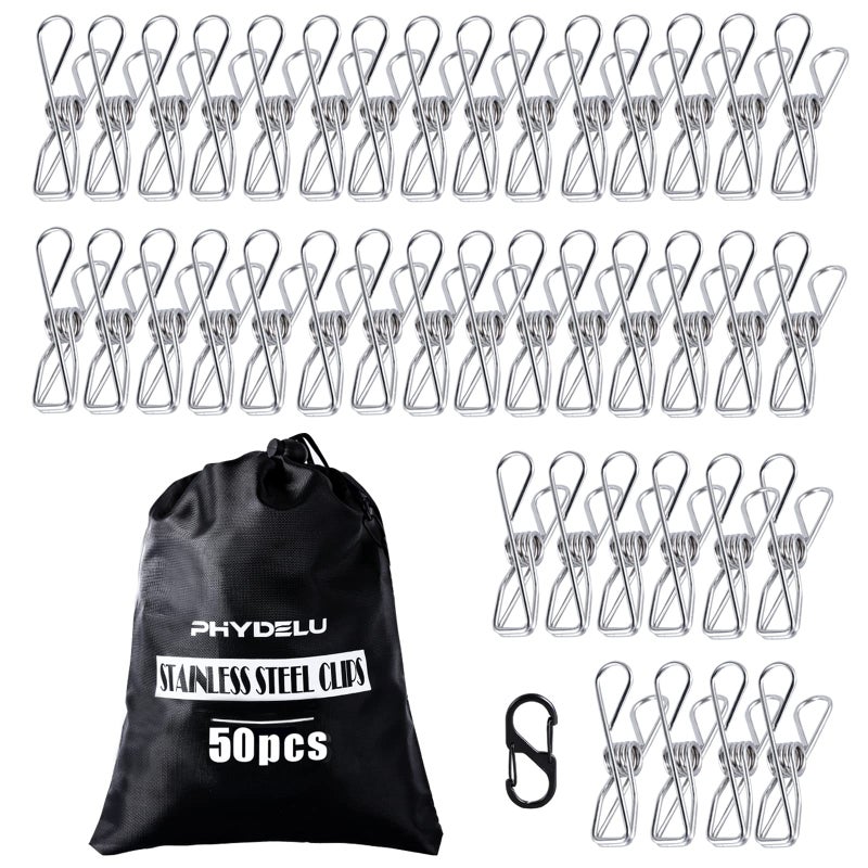 PHYDELU (50PCS) Stainless Steel Laundry Clothes Pins Heavy Duty Outdoor, Clothespins for Hanging Clothes, Metal Clips, Metal Snack Bag Chip Clips for Food Packages, Mini Clothes pins - Image 1