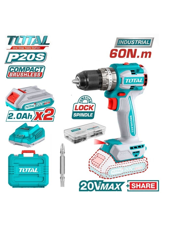Total Lithium-Ion Compact Brushless Cordless Drill 20V ,2 Battery 2.0Ah 60 Nm TDLI20602 - Image 1