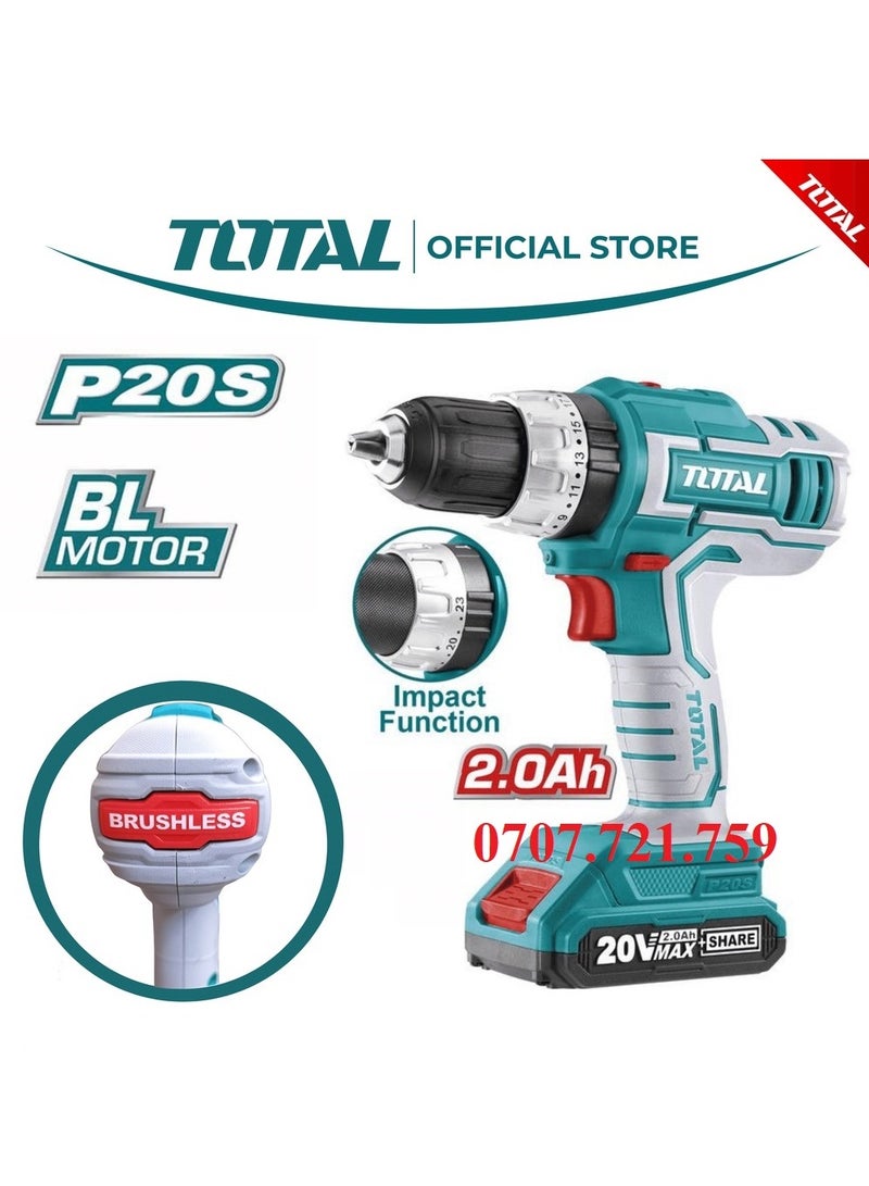 Total Lithium-Ion Compact Brushless Cordless Drill 20V ,2 Battery 2.0Ah 60 Nm TDLI20602 - Image 3
