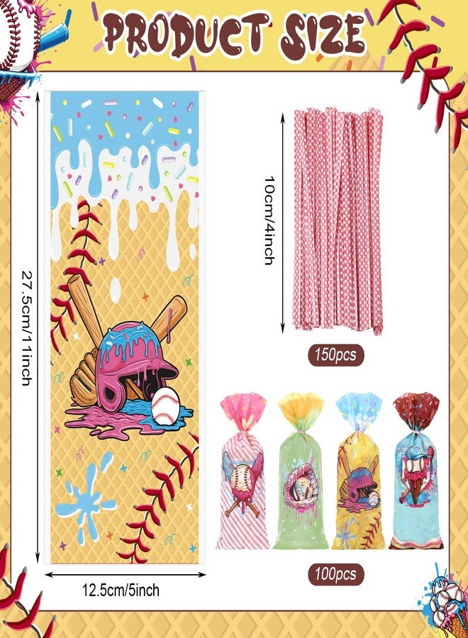 Glenmal 100 Pcs Ice Cream Drip Baseball Party Favor Bags Baseball Drip Birthday Cellophane Goodie Treat Bags 11 x 5 Inch for Candy Snack Party Supplies Decorations with Twist Ties for Sport Team Gift - Image 2