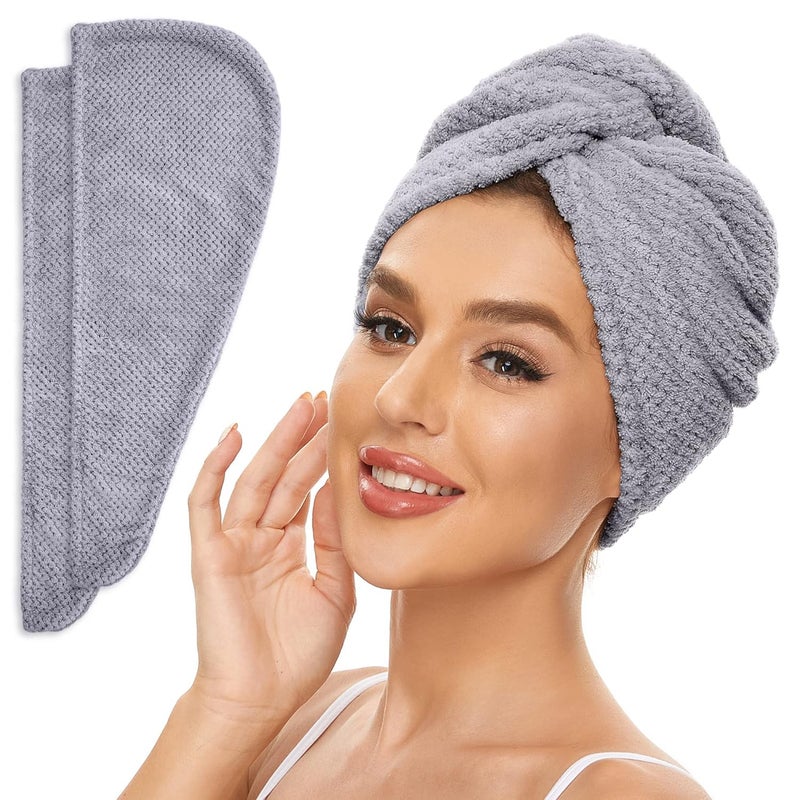 2 Pack Microfiber Hair Towel Wrap for Women Anti Frizz Quick Drying Hair Turban for All Hair Style Absorbent and Lightweight Grey