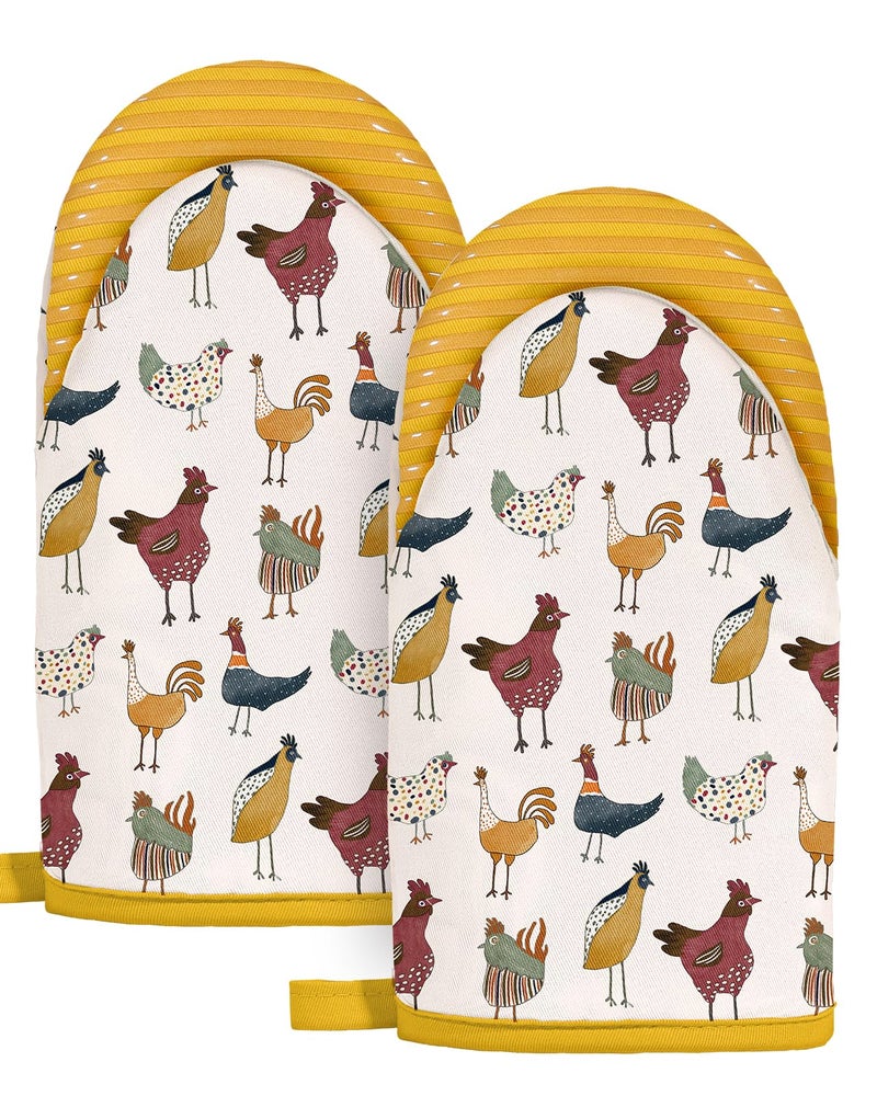 Slohif Chicken Mini Oven Mitts Set â€“ Yellow Animal Extended Short Heat Resistant Kitchen Gloves for Women, 100% Cotton Oven Mitts with Silicone Grips, Non-Slip and Thick Durable for Cooking & Baking - Image 1