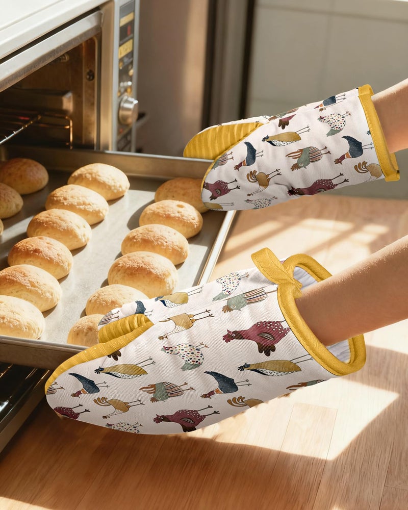 Slohif Chicken Mini Oven Mitts Set â€“ Yellow Animal Extended Short Heat Resistant Kitchen Gloves for Women, 100% Cotton Oven Mitts with Silicone Grips, Non-Slip and Thick Durable for Cooking & Baking - Image 5