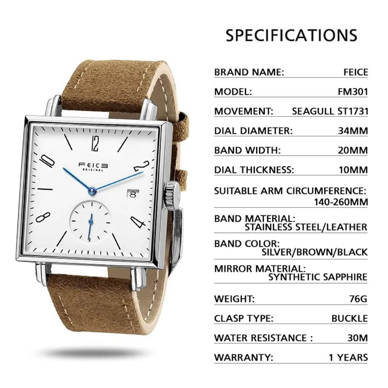 FEICE Sapphire Crystal Square Automatic Watch Classic Minimalistic Watch Minimalist Casual Watches for Men Women Unisex -FM301 - Image 4