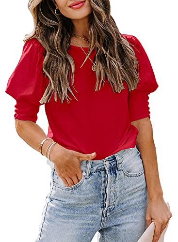 DOROSE Womens Tops 2025 Summer Top Cute Short Puff Sleeve Blouse(X-Large, Red) - Image 5