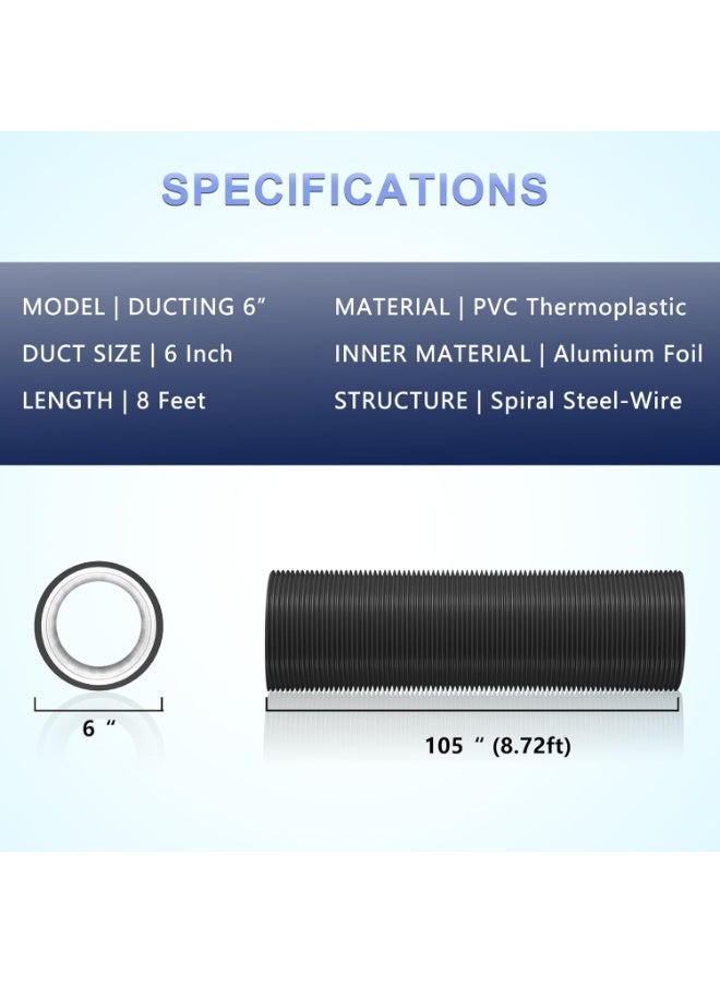HYITCL 6 Inch Flexible Ducting Hose 8 Feet Black Aluminum Ducting -4 Layer Protection Dryer Vent Hose for HVAC Heating Cooling Ventilation and Exhaust, 2 Clamps Included - Image 2